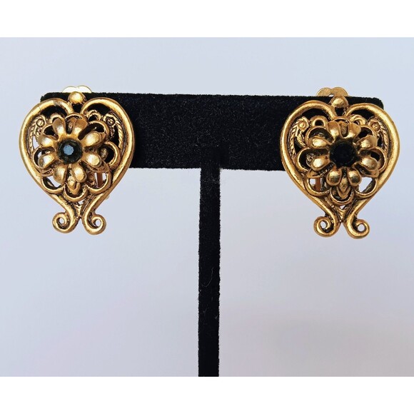 Vintage Unsigned Goldtone Black Rhinestone Lyre Heart Clip On Earrings 1.25 in - Picture 6 of 9